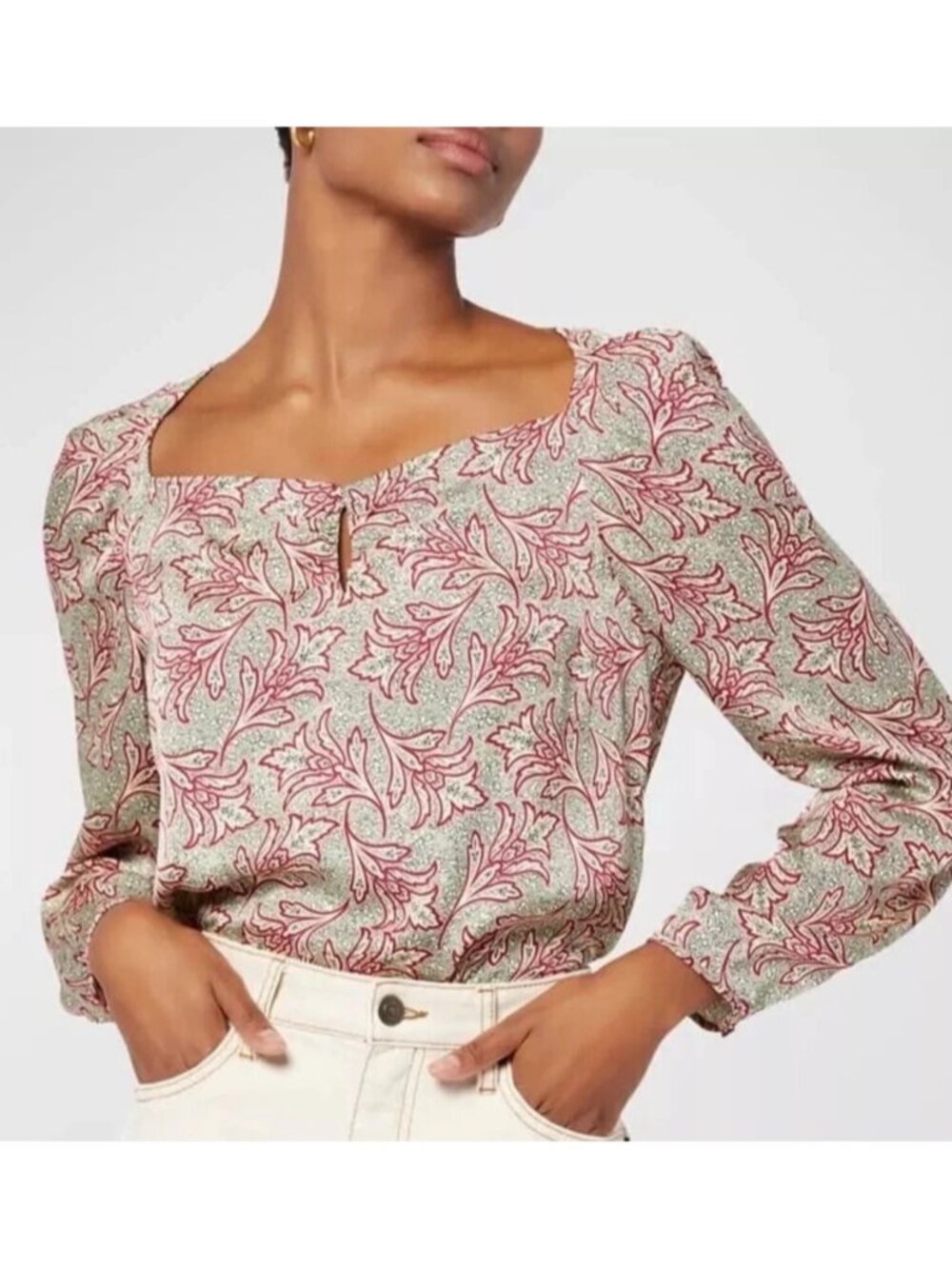 Joie Floral Paisley Keyhole Blouse Puff Sleeve Boatneck Cream Red Black S EUC